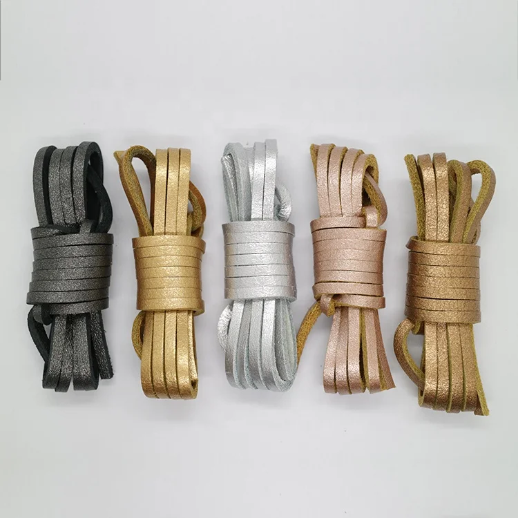 Free samples 100% Cowhide Leather Rawhide Metallic Square Leather shoelaces