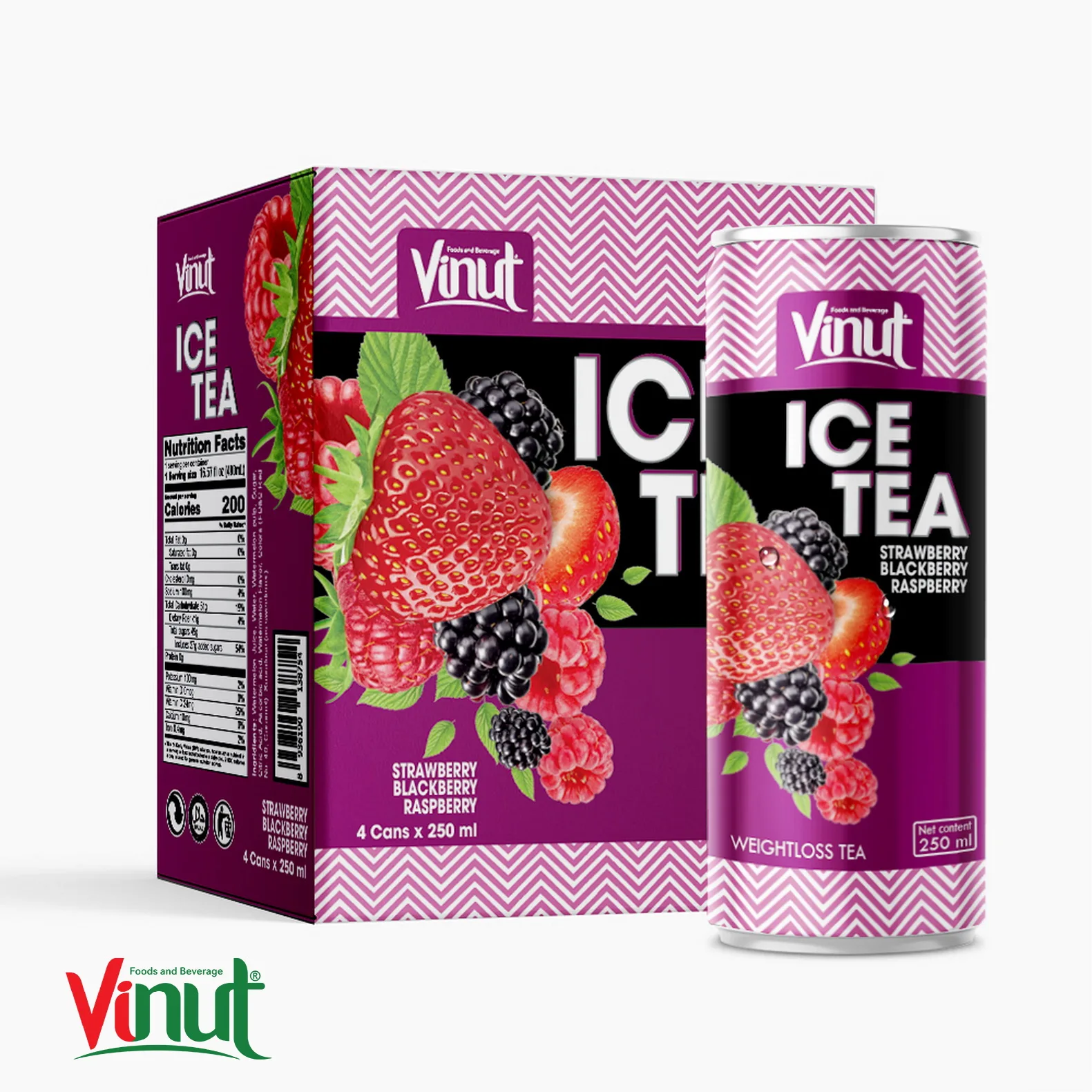 250ml Carbonated drinks VINUT Box 4 Cans Ice Tea Strawberry Blackberry Raspberry Juice White Label Perfect healthy OEM