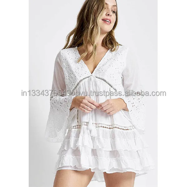 2020 Summer V neck Sexy Lace Trim Short Dresses Women Boho Beach Ruffled Tunic Perfect Poolside Look Resort Chic Hot Sundress