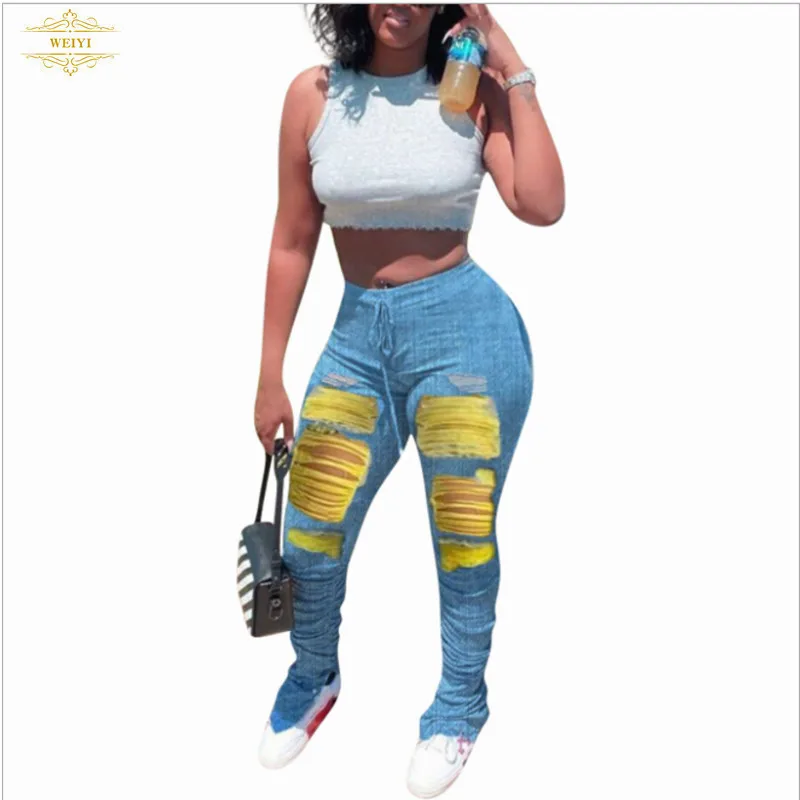 
New arrival Women Flare Jeans Full Length Denim Flare Capris Pants Pocket Holes Bell Bottom Trousers Boot Cut Ruffle Denim Pants 