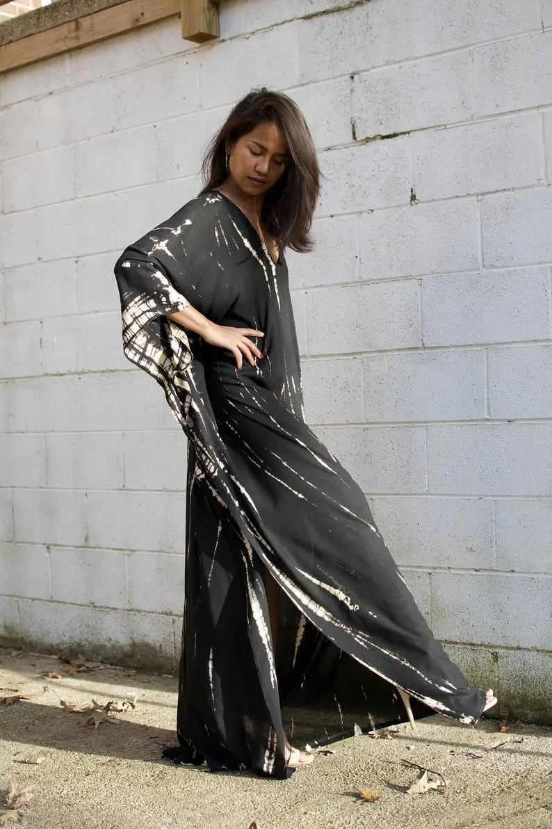 Tie Dye Kaftan Free Size Beachwear Women Dress Full Casual Dresses Trendy Adult Loose Support Tie Dye Color Blocking Rayon Dress