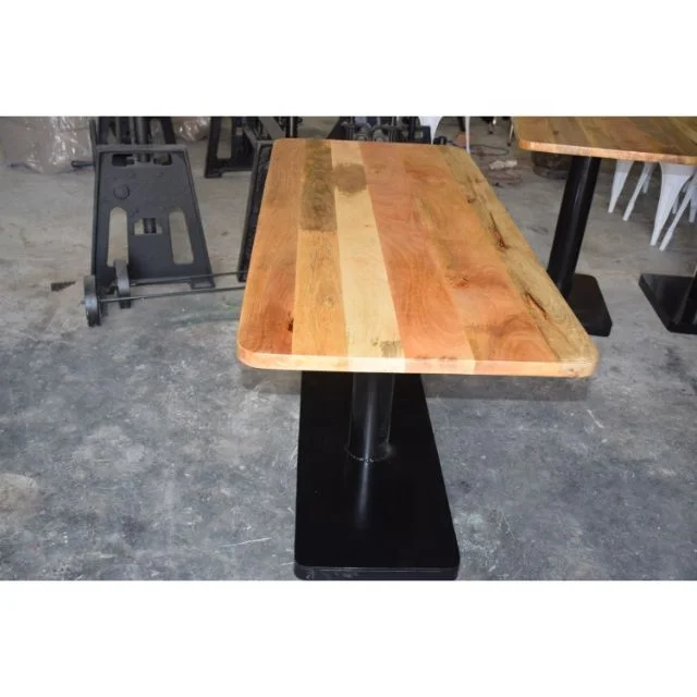 Antique-Style Industrial Restaurant Dining Table with Steel and Oak Wood Base for Hotels Office Jodhpur Home Kitchen Furniture