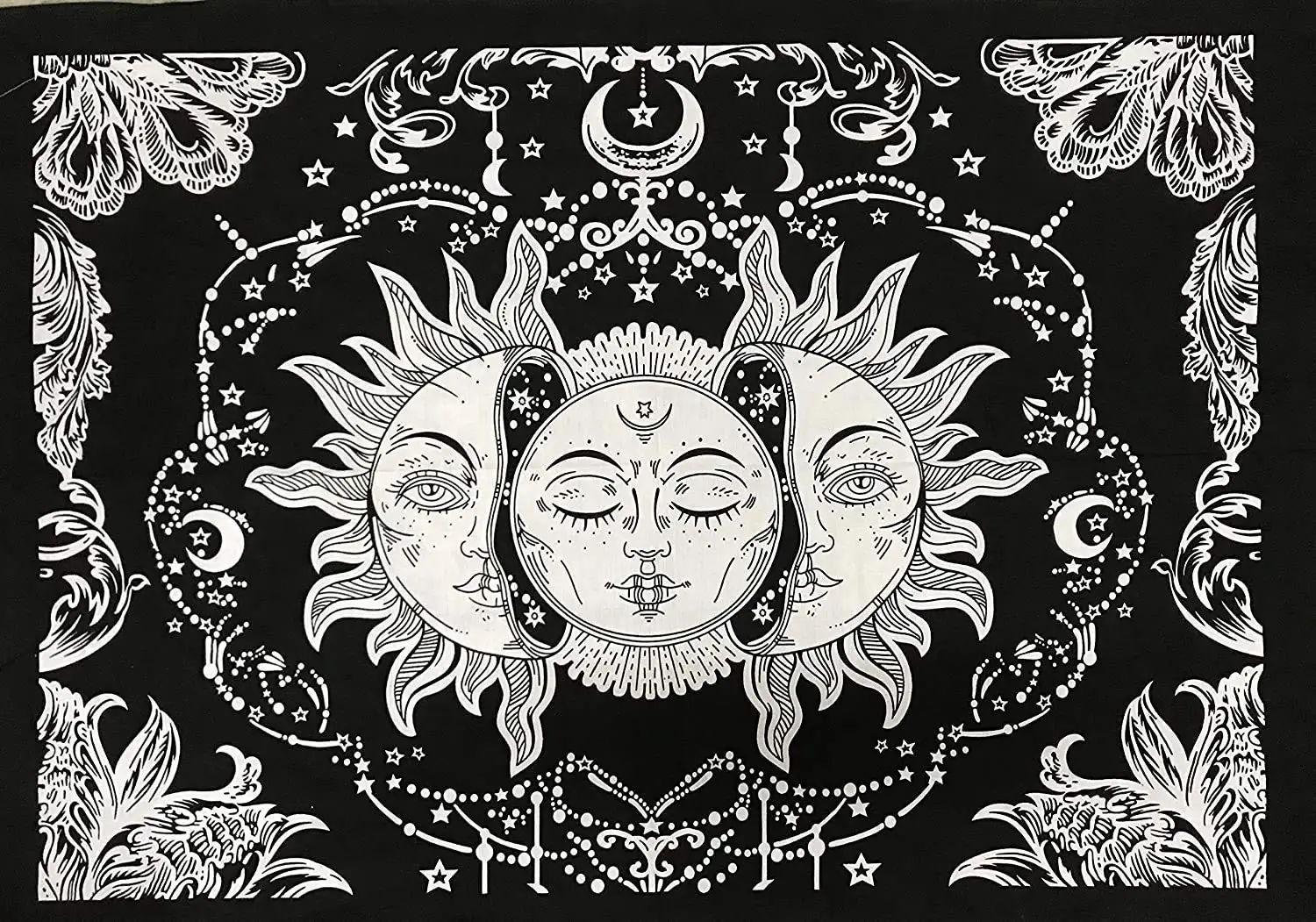 Tarot Triple Burning Sun Moon & Star Mystic Hippie Bohemian Psychedelic Mandala Cotton Wall Hanging Tapestry Poster white Black