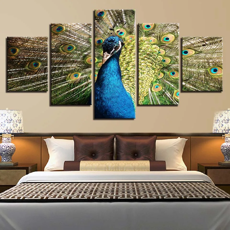 5 panels peacock tail canvas painting for home decoration