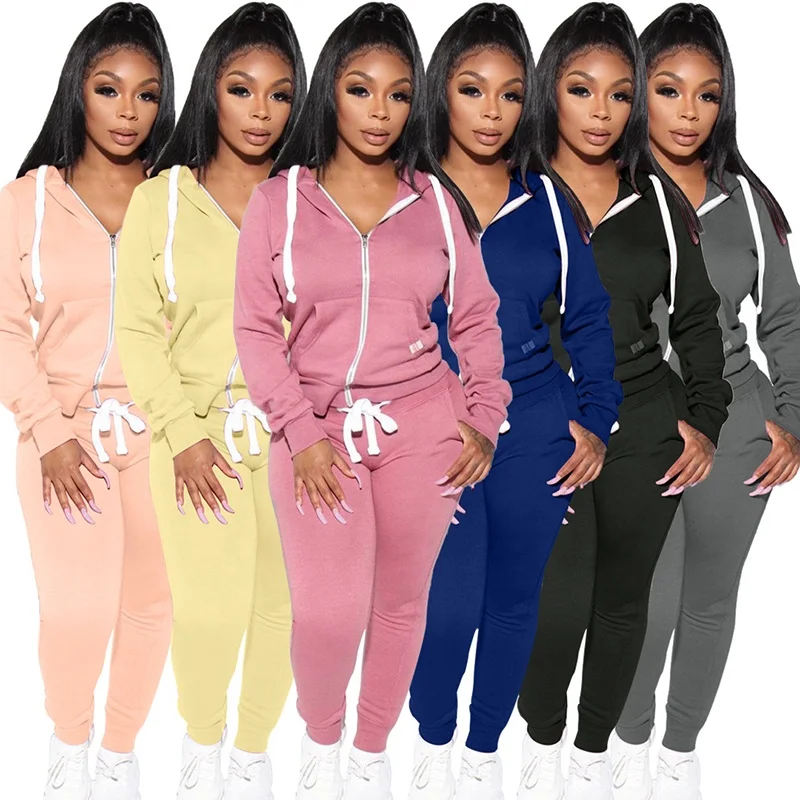 New Popular Ladies Tracksuit Polyester Full Zip Up Jacket Joggers Pants Solid Color Two Pieces Track Suit Women