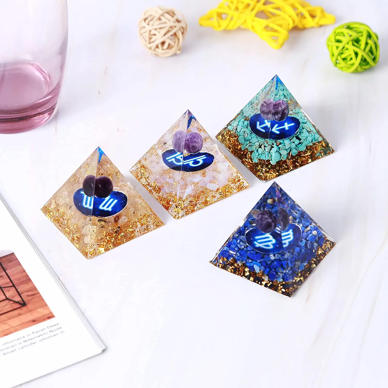 Orgonite Pyramid Orgone Crystal Pyramid, 12 Zodiac Signs Crystal Chakra Pyramids, Positive Energy Crystals Resin Pyramid