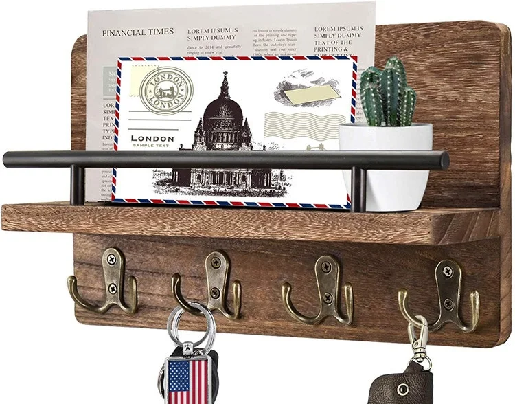 wall wooden key hooks rack wall-mounted mailbox storage holders wooden floating mail sorting shelf Mail Organizer 4 Double hooks