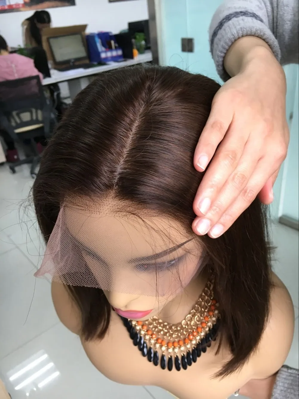 
100% virgin human hair remy pre-plucked brown color lace frontal bob wig 