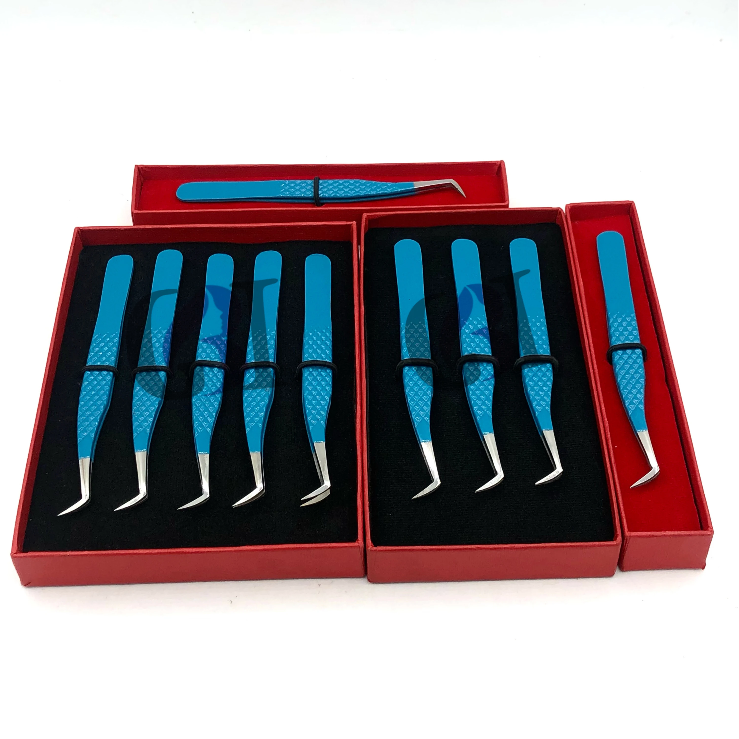 High Quality Volume Royal Blue Powder Coating Fiber Tip Eyelash Extension Tweezers Stainless Steel Custom Logo Beauty Instrument