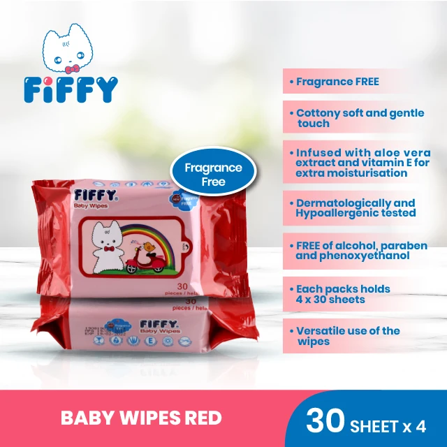 FIFFY Baby Wet Tissue Fragrance and Alcohol FREE Baby Cleaning Wet Tissue (4 x 30s)