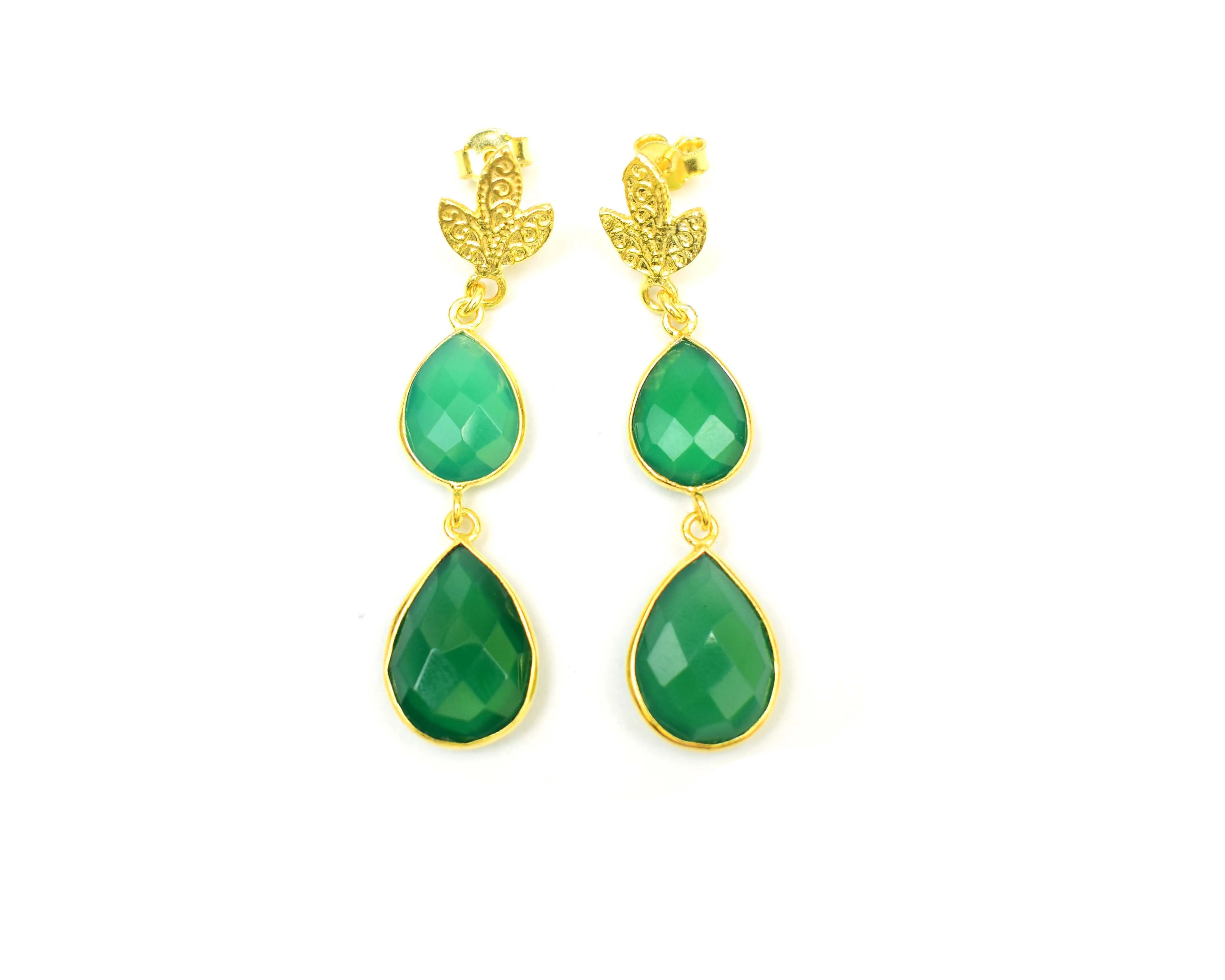 Green Onyx Gemstone Double Stone Earring Set Pear Shape Gold Plated Bezel Connector Stud Weddings Gifts Engagements Made Copper