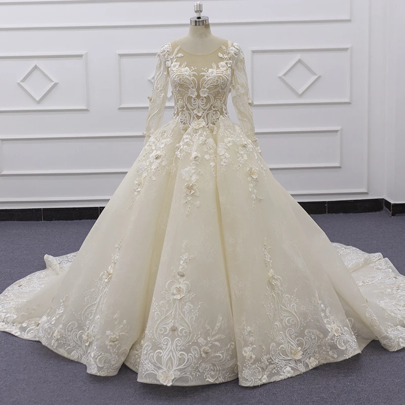 Eslieb SJ196 actual photo champagne high necklace 3D lace luxury graceful  gorgeous ball gown wedding dress