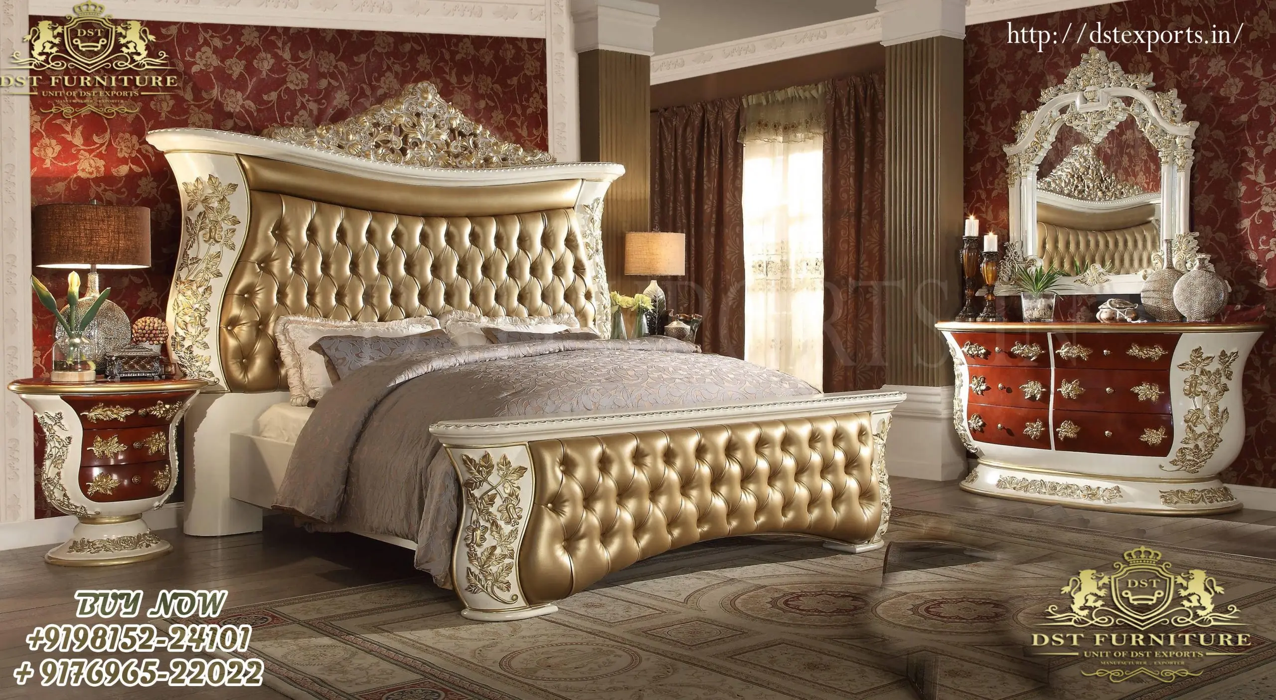 Королевская Резная Кровать во французском стиле роскошная большого размера с бриллиантами и боковыми столами Королевский резной комплект кровати серебряной