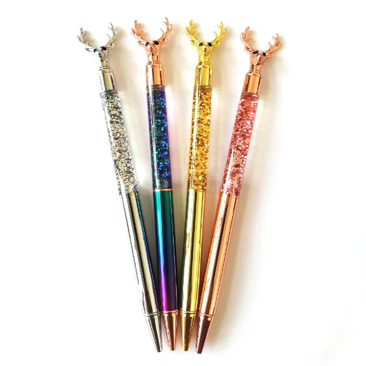 XmasPen-019  Wholesale Christmas  Reindeer gold powder flow oil crystal pen floating glitter