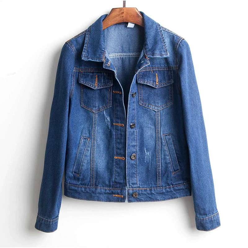 Women Jeans Jacket Short Denim Jacket Ripped Jeans Tops Slim Long Sleeve Casual Outwear Jeans Jacket