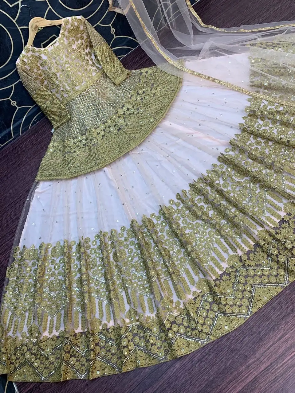 Indian bridal wear embroidery work heavy soft net chine sequence work lehenga with heavy net border dupatta and full choli