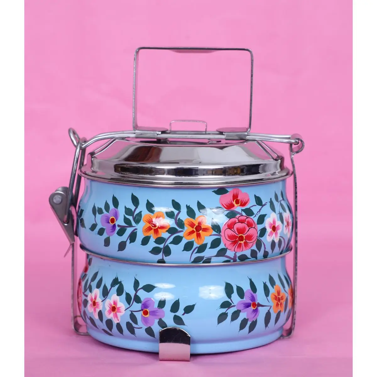 2 tier stainless steel lunch box with hand painted Enamelware lunch box from kashmiri handicrafts, Enamel ware kashmir India