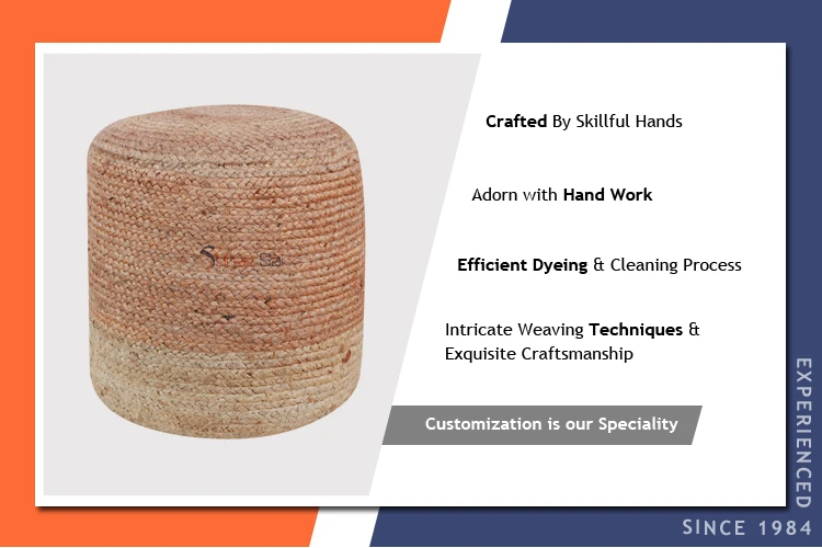 2023 Top Most Selling Polystyrene Balls Filling 40x40x40 cm Hand Braided Pure Jute Poufs