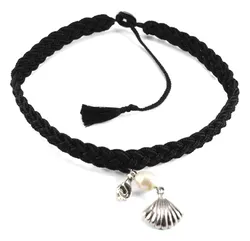 Necklace with Freshwater Pearl, Silver Color Charm and Button on Hand-braided Nylon Cord