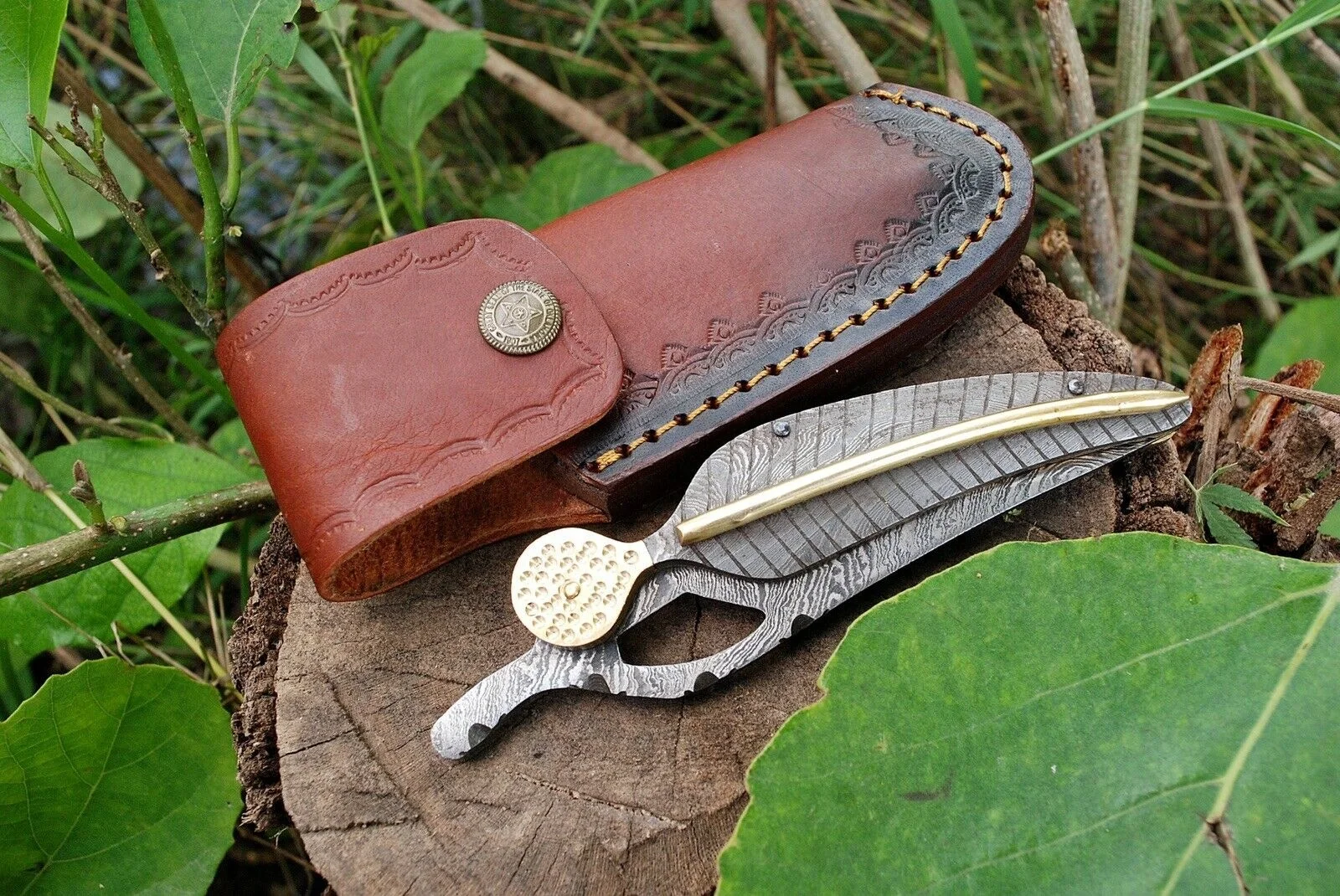 Wholesale Hot Selling Full Damascus Steel Folding Knife Outdoor Pocket Knife With Leather Sheath
