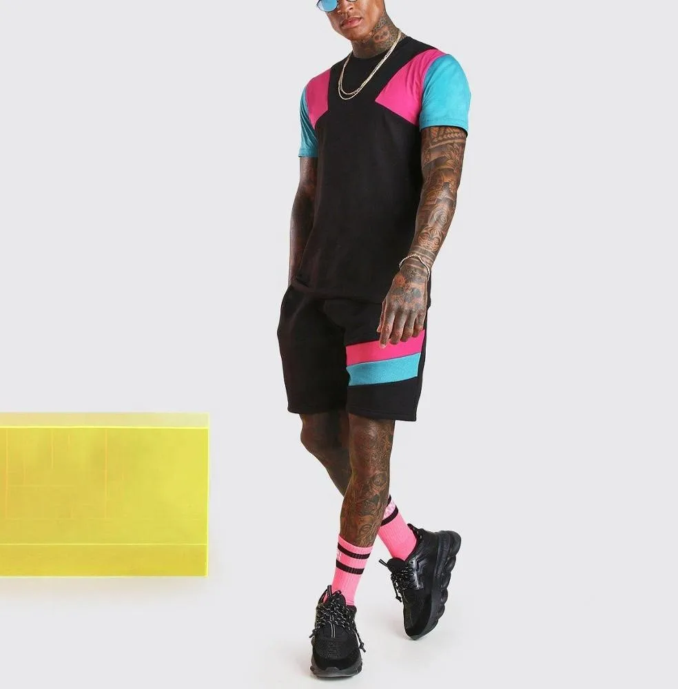 Мужской спортивный костюм из 2 предметов, Повседневная футболка и шорты в полоску, комплект спортивной одежды, лето 2021