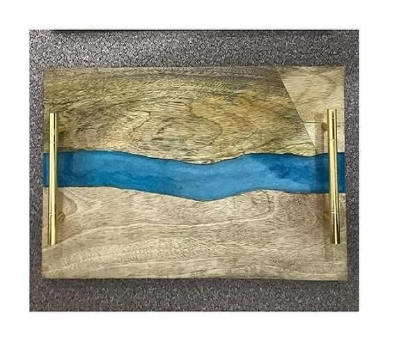 Wholesale Diy Epoxy Resin River & Acacia Wood Serving Tray With Metal Handle Hotels & Restaurant Kitchenware Coffee Table Tray