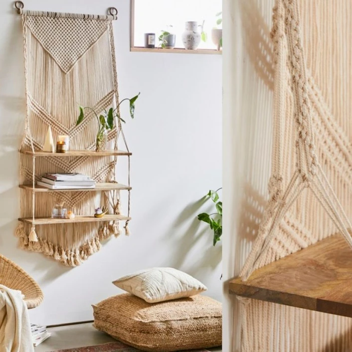 1/2/3 Tier Macrame Wall Hanging Shelf with Enhanced Solid Wood Shelves to Organize Plants and Decor