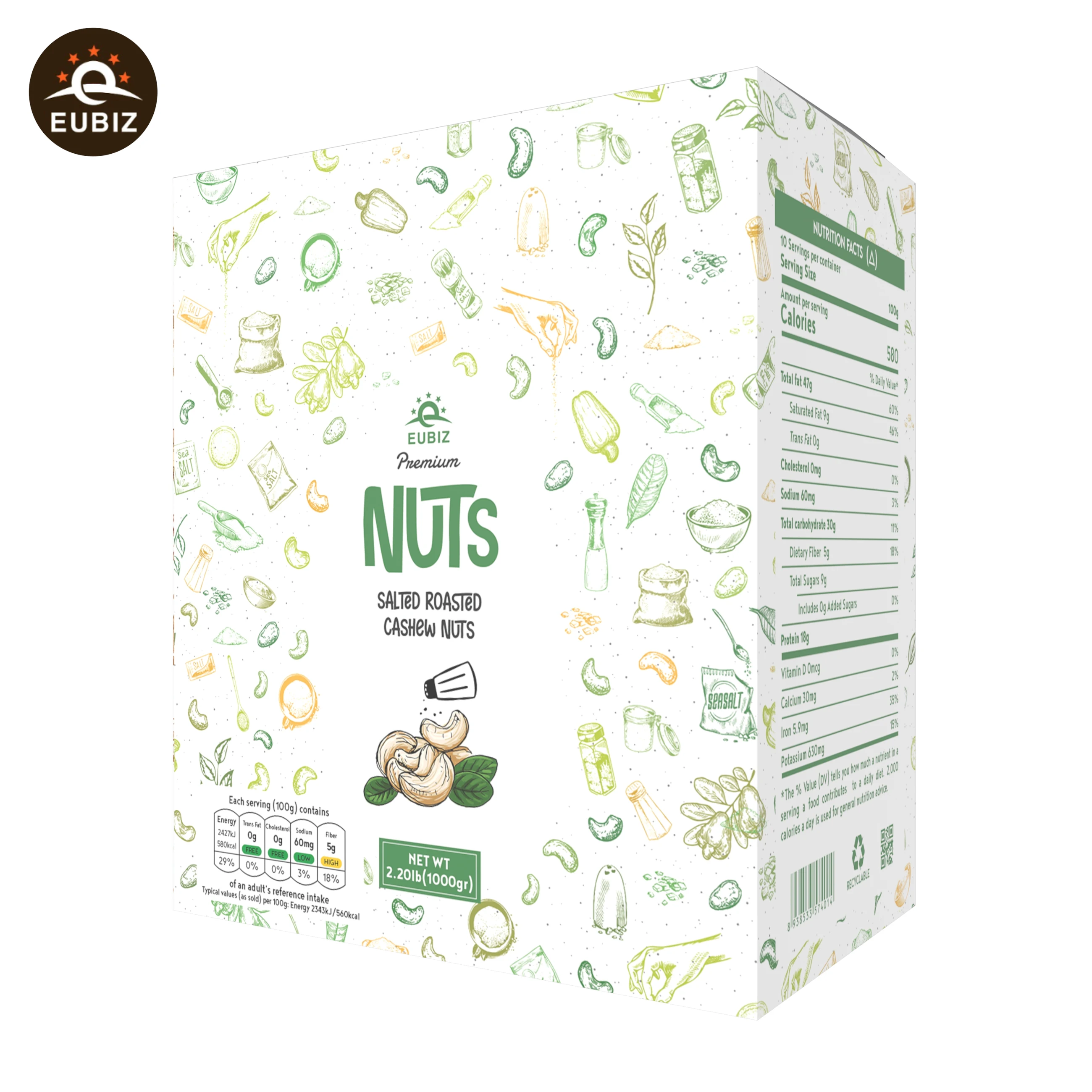 EUBIZ - Cashew Nuts - Flavor: Salted - No Silk-shell - Box (1000 3 3z) - Made in Vietnam ( Paper Box)