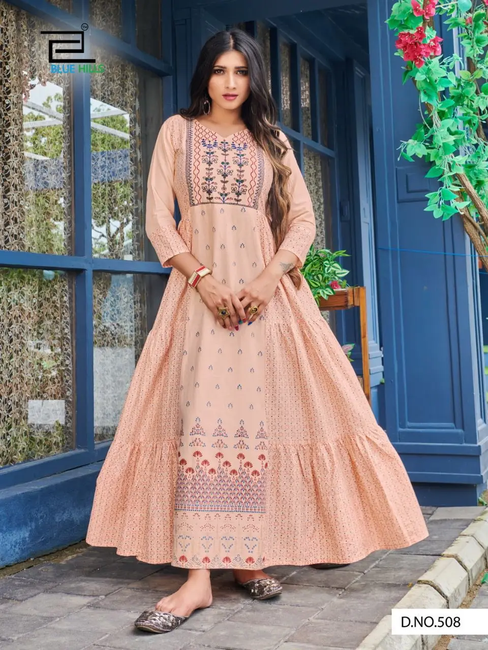 Desirable Elementry Cream colour  Long Gown with Frill Concept and heavy Embroidery work  in heavy Cotton Camric of Royal Export
