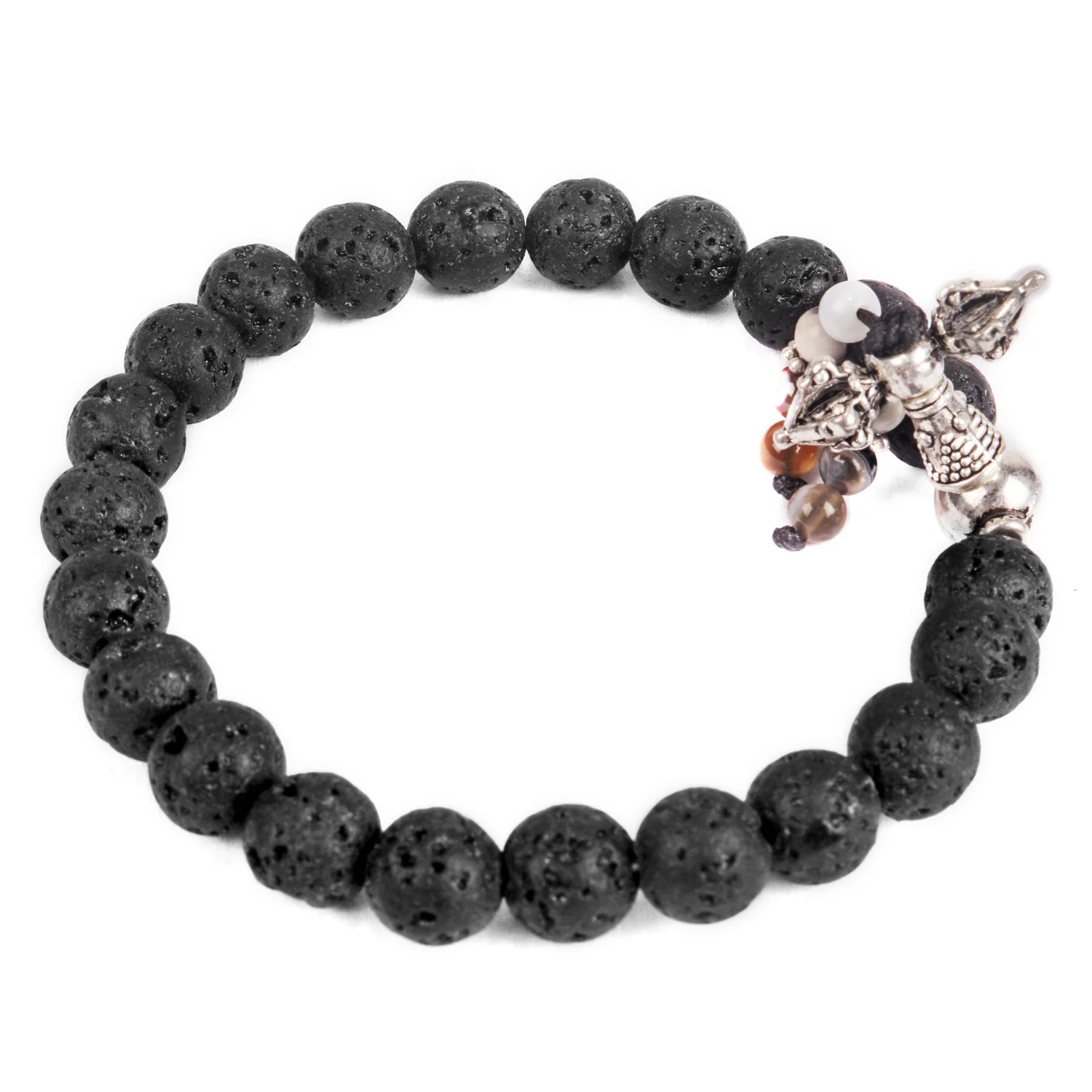 Wholesale Unisex Lava Stone Bracelet with with Stupa Thunderbolt - Elastic Adjustable Black Lava Stone Beads Bracelet Bangle