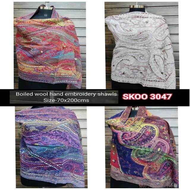 Indian Boho Hand Embroidery Shawls Custom Hot Selling Muslim Women Boiled Wool 70x200 cm