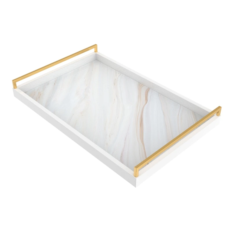 Elegant Fashion Classic Modern Style Rectangular White Marble Lacquer Home Decoration Wooden Tray  With High-end Metal Handle