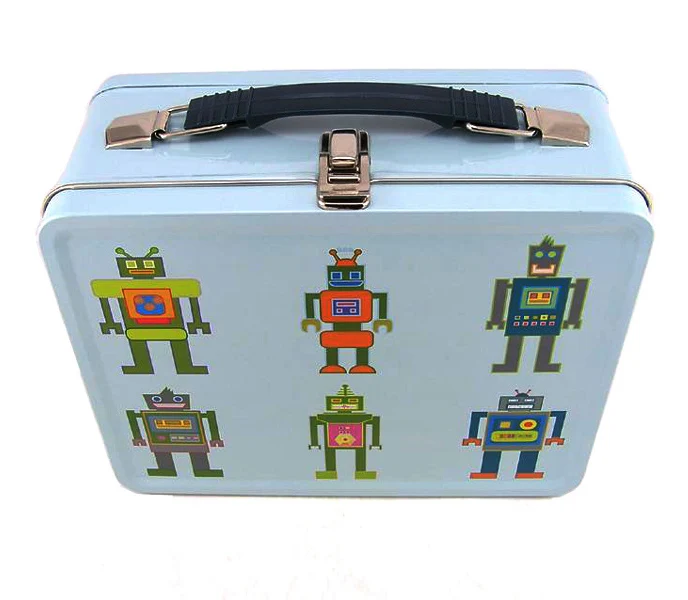 
stationery aluminium metal tin box container with handle and lock food grade custom design offset printing 