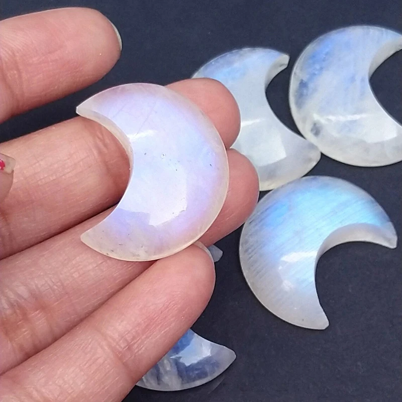 Moon Shape Carving Work Natural Rainbow Moonstone Loose Gemstone