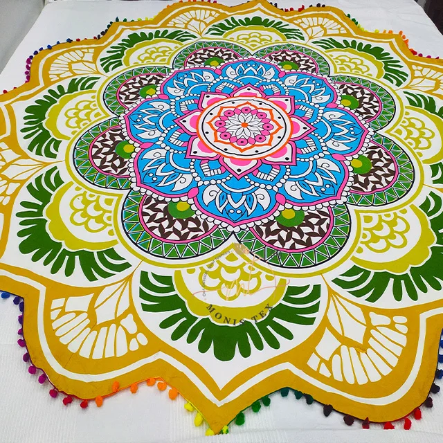 100% Cotton Multicolored Beach Round Mandala Tapestry Wall Hanging Ethnic Beach Blanket Colorful Pom-Pom Eco-friendly Azo Free