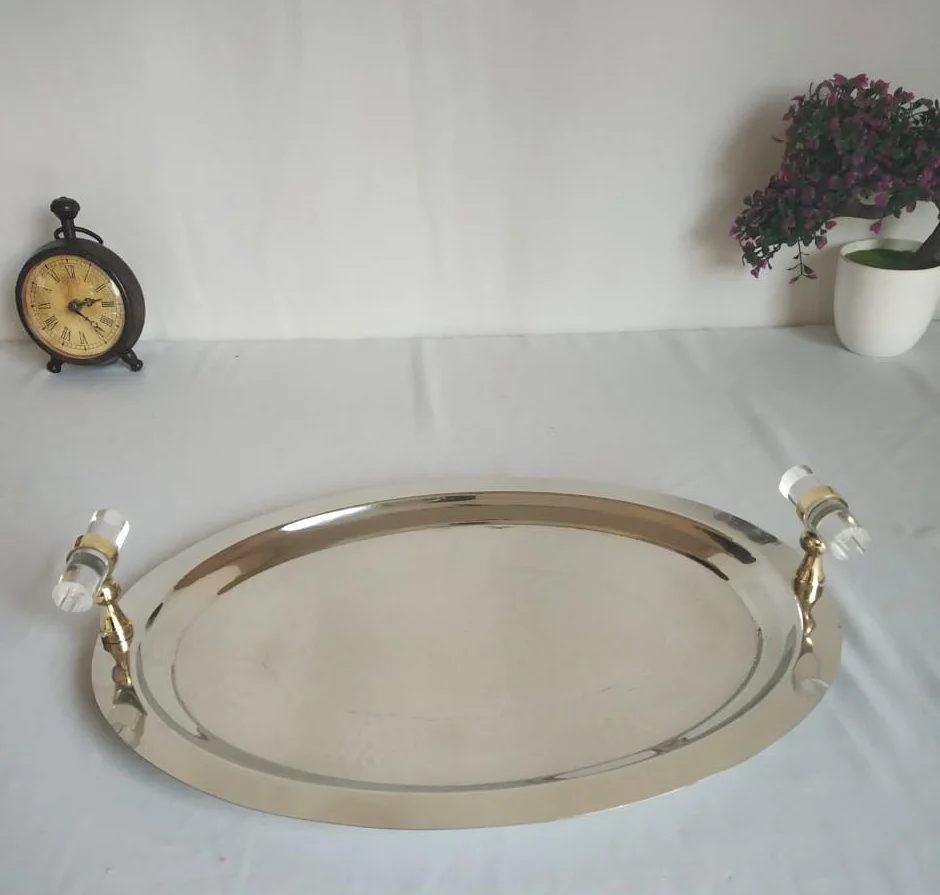 Vantage Modern Luxury Fancy Stainless Steel Oval Tray with acrylic Handles Shiny Polished Tray For Home and Kitchen Usage