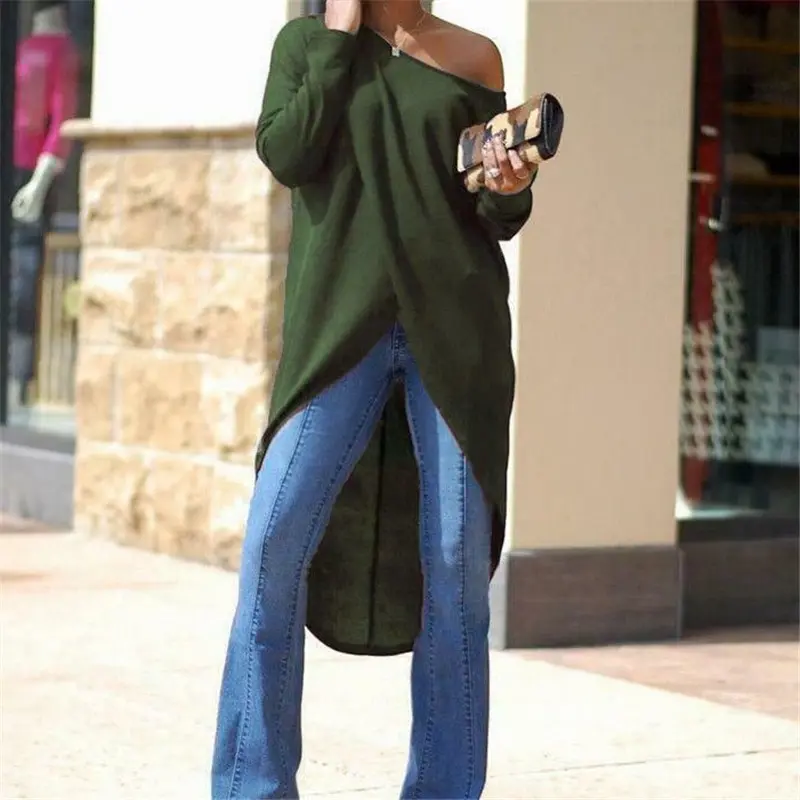 
Women Off The Shoulder Casual T Shirt 2021 Spring Autumn High Split T Shirt Elegant Sexy Solid Color Asymmetrical Long T-shirts 