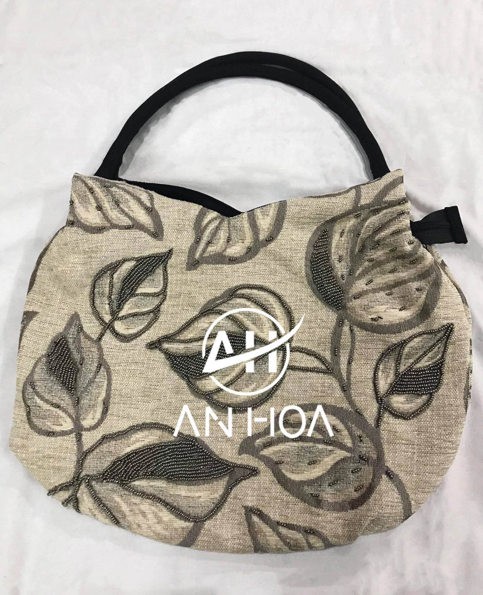 Hand beaded bag with leaves pattern and metallic beads, Floral Vietnam Handmade Handbag