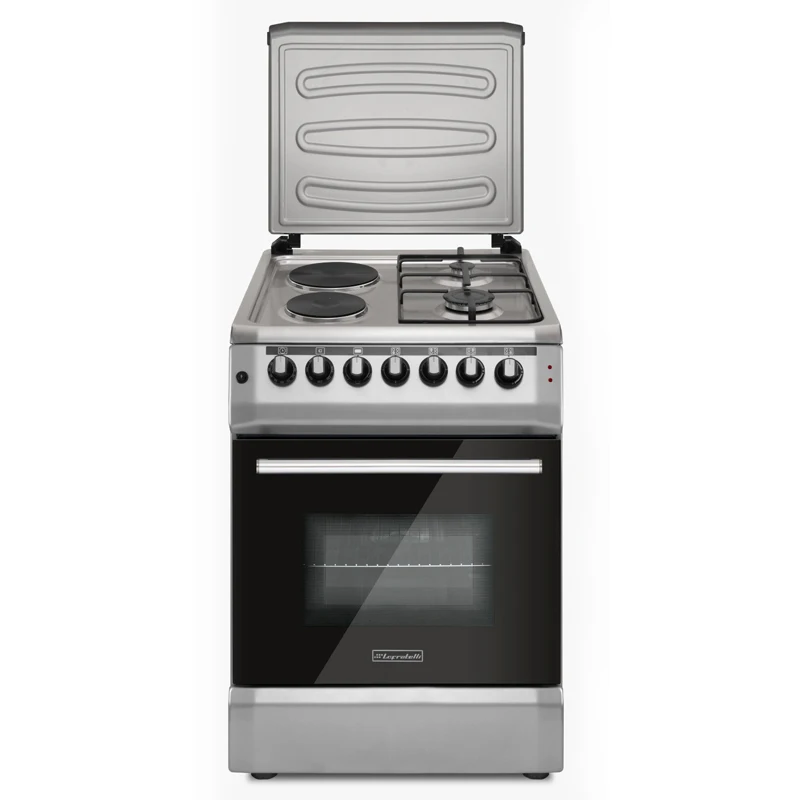 Ecoline 60x60 2 Gas Top Burner + 2 Hotplates Inox Top Table Gray Body Metal Cover Free Standing Oven