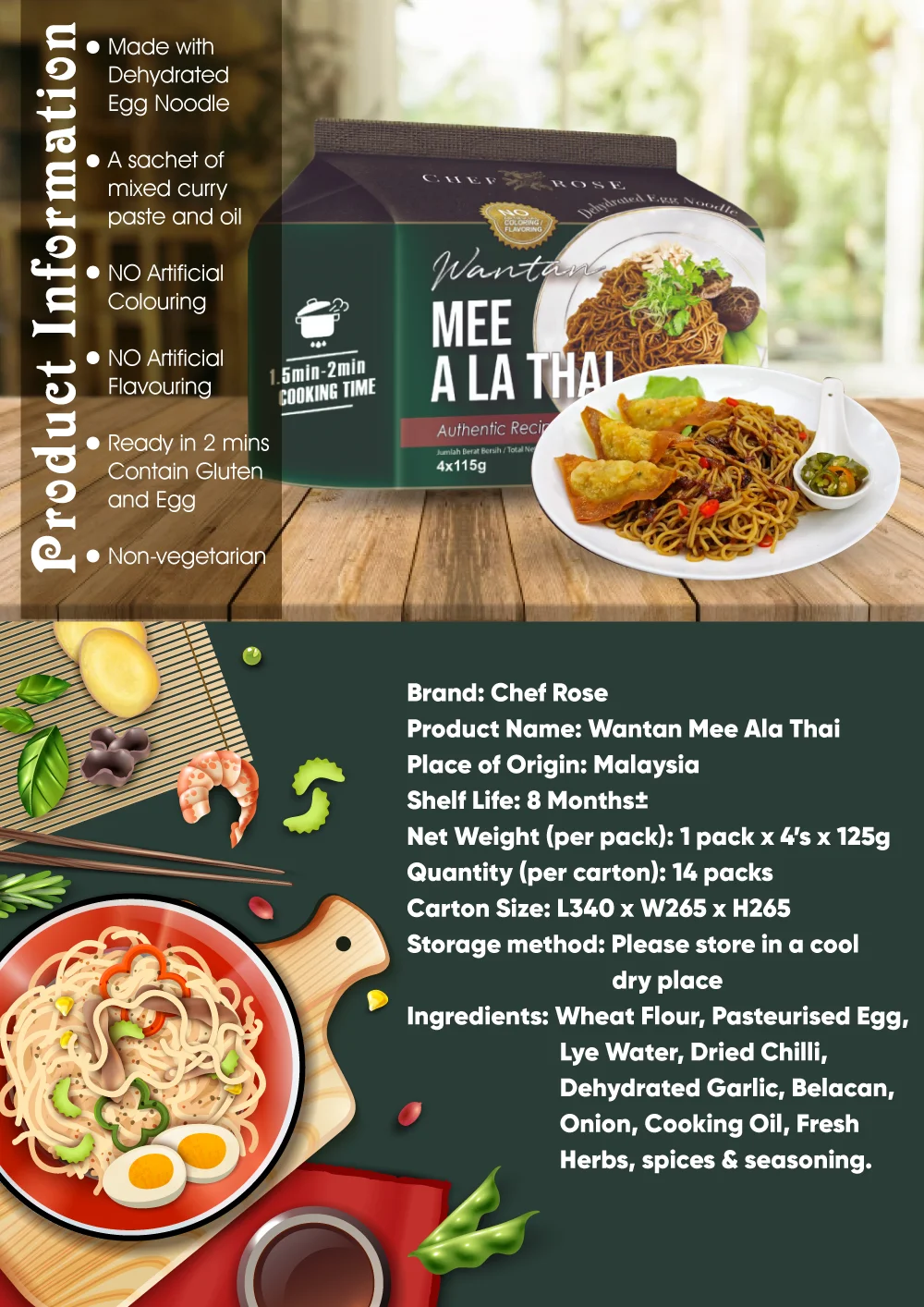 Premium Quality Dry Wantan Mee Ala Thai Flavor Instant Noodles Dehydrated Egg Noodle Authentic Recipe