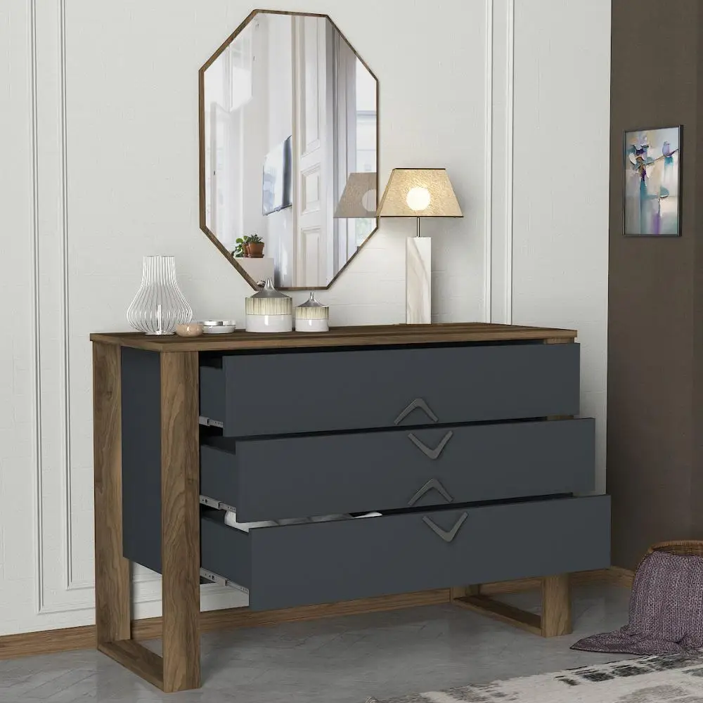 Excluisve Bumerang Wooden Bedroom Furniture Mirrored Chest of Drawers Walnut Anthracite