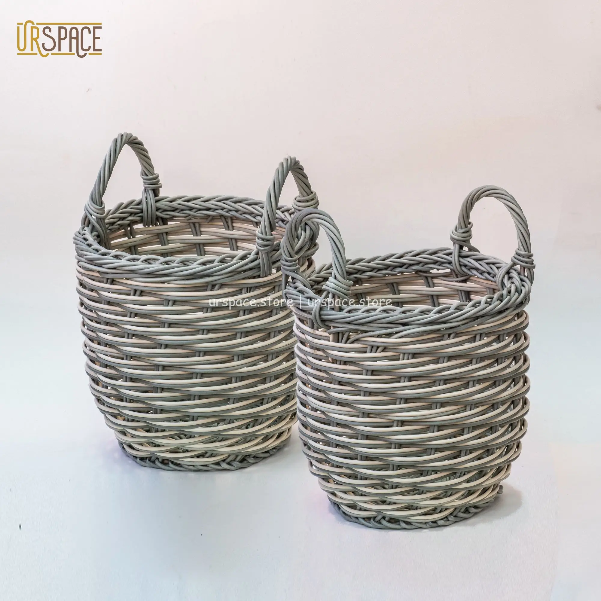 ODM/OEM service Set of 2 Resin Round Basket Storage Baskets with Handle Grey Mix White Color