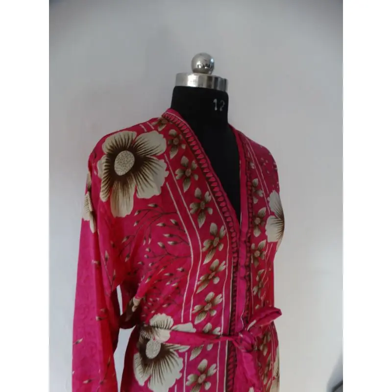Vintage Indian Up-cycled Knee Length Bathrobe Pink- Colour Silk Saree Floral Kimono Sleepwear Handmade Maxi Gown Dress Style