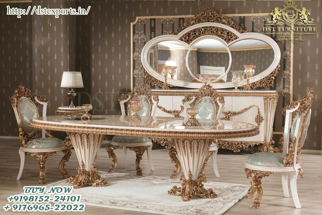 Классический Белое Золото Полированная столовая мебель из тикового дерева под старину 6 местный Обеденный Сервиз купить Maharaja стиль обеденный стол стулья