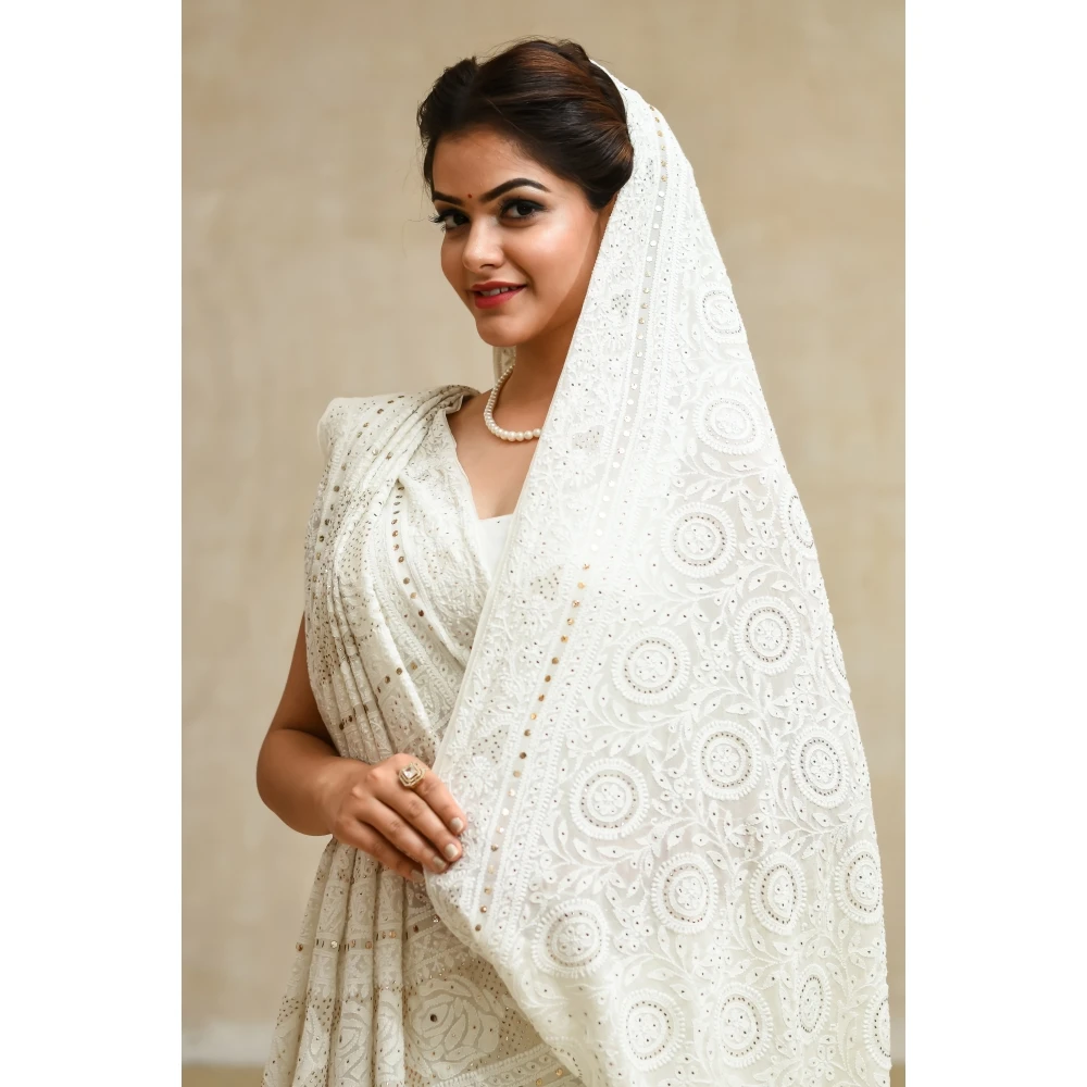 Цветущий персик дана Mukaish сари с идеально выровненной морской зеленой оборкой