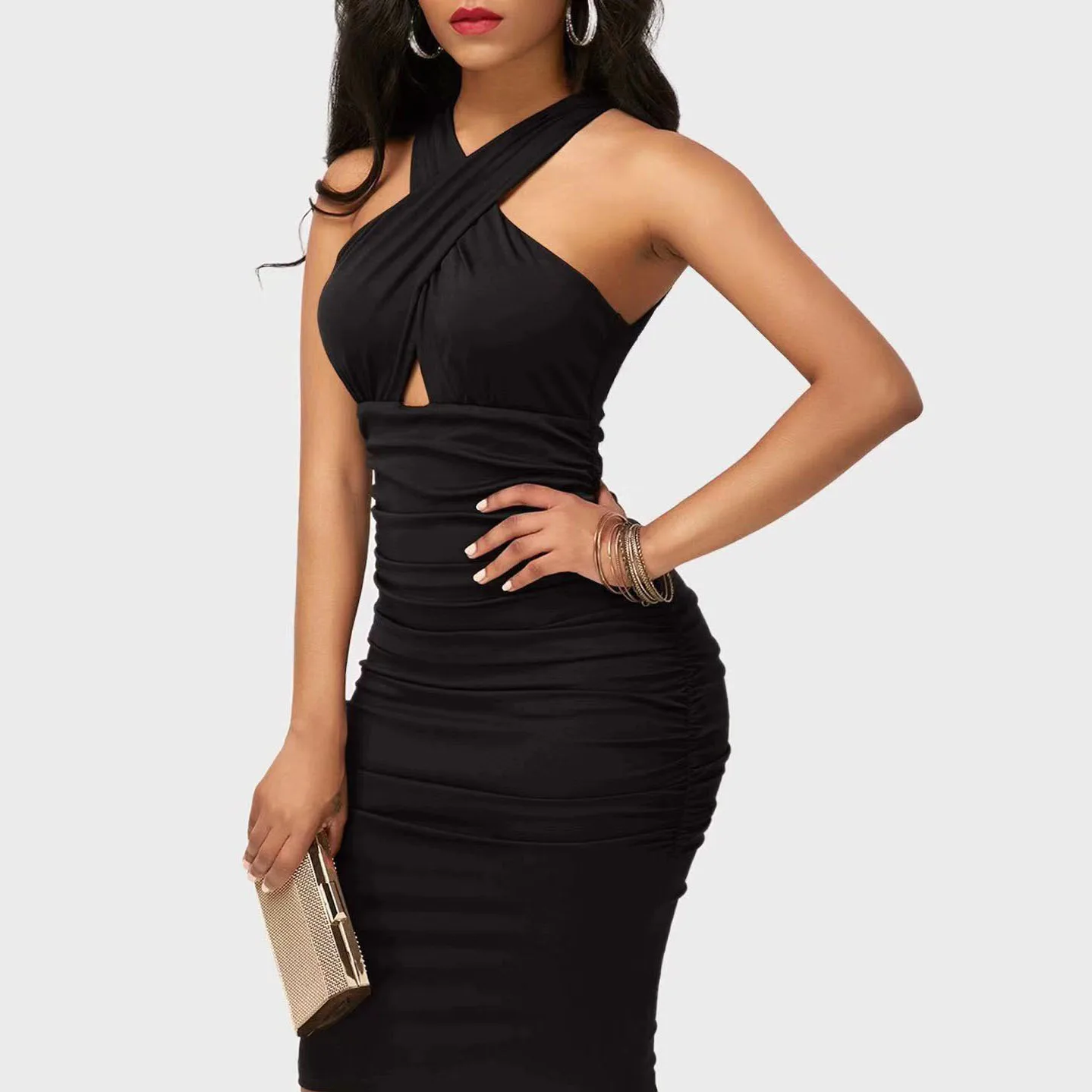 Wholesale Women Solid Color Halter Wrap Front Waist Pleated Midi Dress