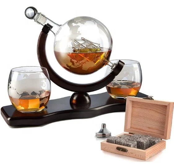 Whiskey Decanter Globe Set with 2 Etched Glasses - for  whiskey Vodka - 850ml-9 Whiskey Stones and 1 pour funnel