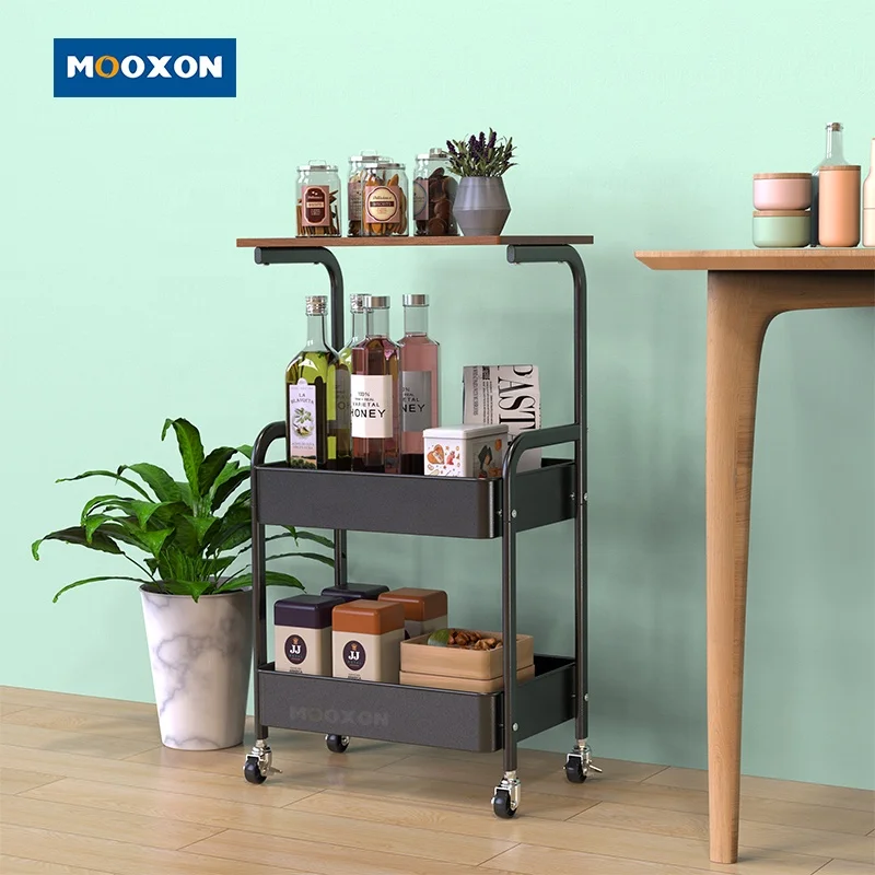 3 Layer Multifunction Steel Mesh Wire Basket Shelving Wood Board Utility Carts Organizer Storage Trolley Kitchen Rolling Cart