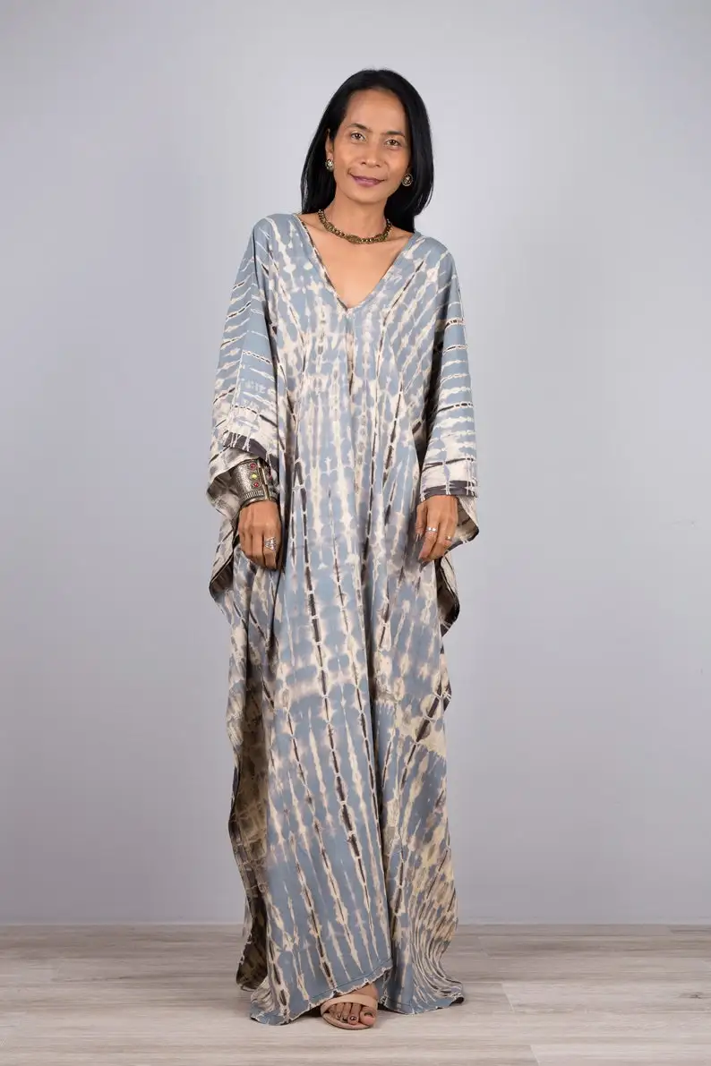 2022 New Arrival Summer Women Clothing Kaftan Manufacturers India Long Sleeve V-neck Tie Dye Kaftan Beach Clothing kaftan dress