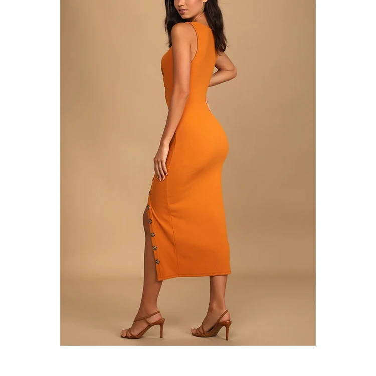 Orange Ribbed Twist-Front Cutout Midi  wide straps A V-neckline  Twist-Front Bodice  A Cutout  Waist Women Casual Dress